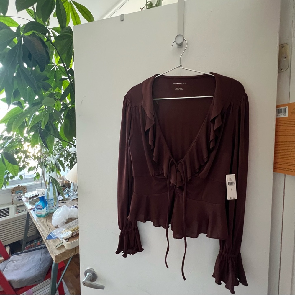 BY ANTHROPOLOGIE LONG-SLEEVE RUFFLED TIE-FRONT TOP NWT